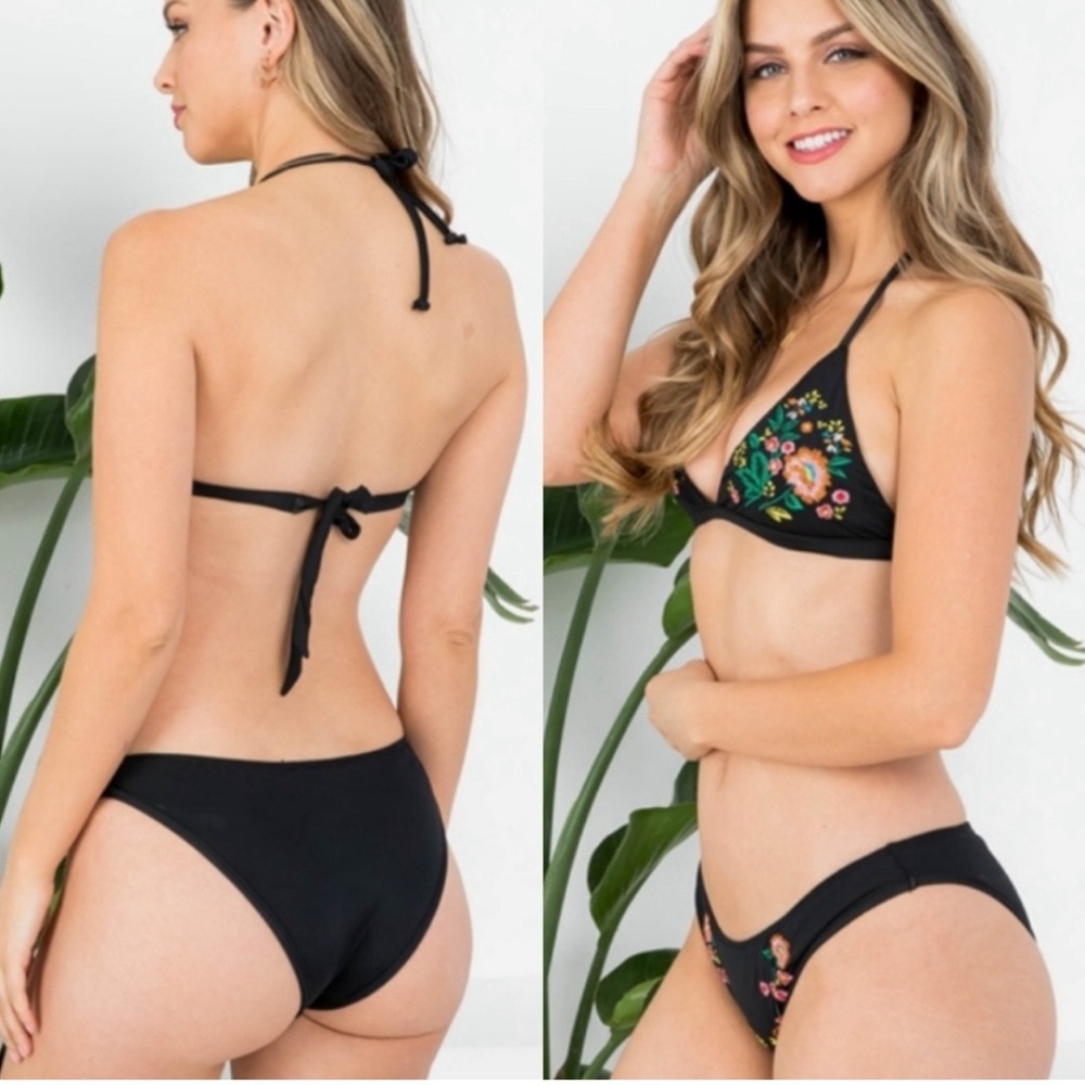 Embroidered Floral Bikini-BLACK - Picture 2 of 3